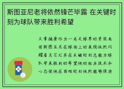 斯图亚尼老将依然锋芒毕露 在关键时刻为球队带来胜利希望 斯图亚尼老将依然锋芒毕露 在关键时刻为球队带来胜利希望