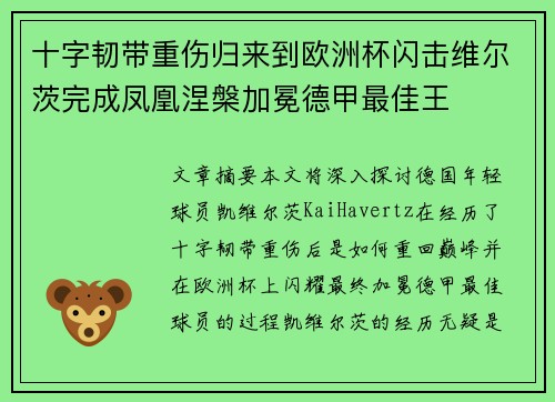 十字韧带重伤归来到欧洲杯闪击维尔茨完成凤凰涅槃加冕德甲最佳王 十字韧带重伤归来到欧洲杯闪击维尔茨完成凤凰涅槃加冕德甲最佳王